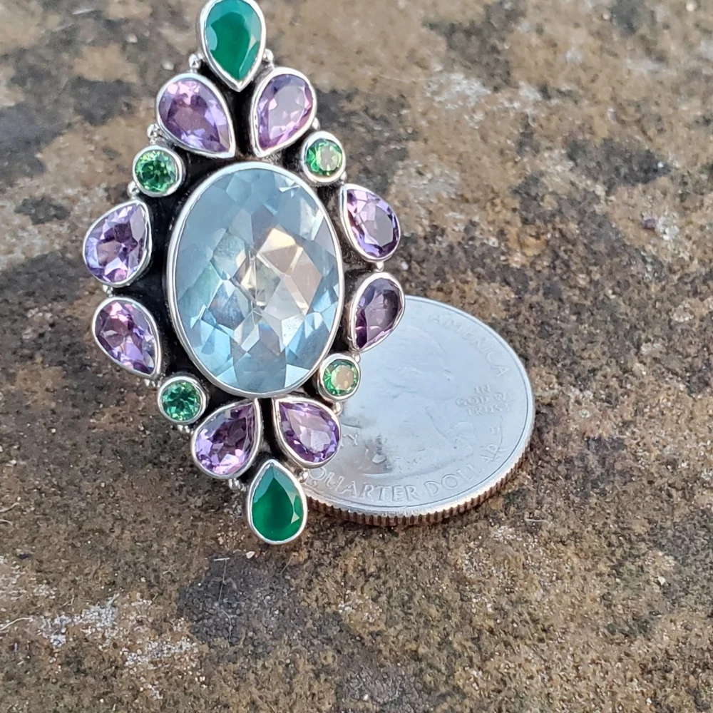 Nicky Butler Aqua Quartz Amethyst Chalcedony 925 Sterling Silver Size 10.5 Ring